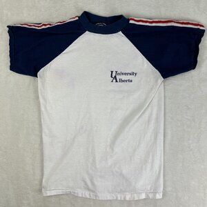 VTG University Of Alberta T Shirt Red Stripe White Blue Adult M* Velva Sheen
